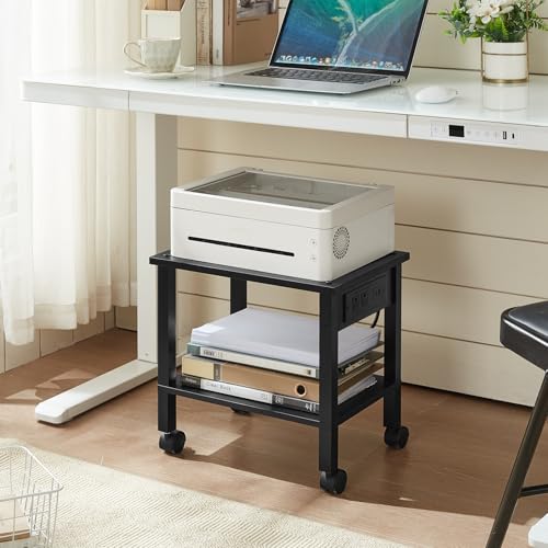 YUFAM 2 Tier Under Desk Printer Stand with Charging Station, Black | Wooden Small Printer Table for Home Office, Rolling Printer Cart Shelf with Lockable Wheels - color: Black, size: 11.8"D×15.7"W×15.3"H(With USB)