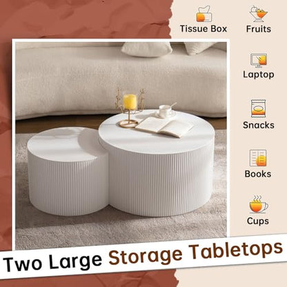 Round Nesting Coffee Table Set of 2 Modern Cream Fluted Coffee Table Small Round End Table Crescent Side Table Circular Coffee Tables Nested Coffee Tables for Living Room (Cream Large) - color: Cream Large