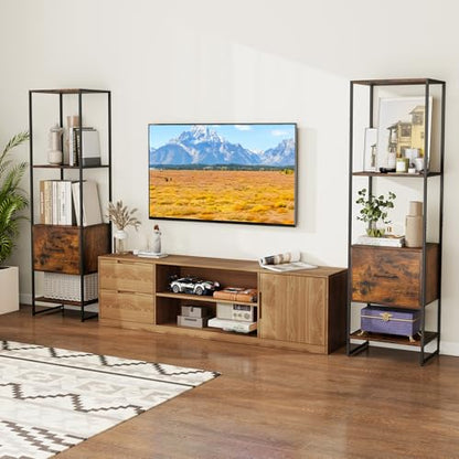 Giantex 5-Tier Bookshelf with Drawer Set of 2, Narrow Bookcase w/Open Shelves & Metal Frame, Modern Storage Organizer Shelving Unit, Freestanding Display Rack for Bedroom Living Room - color: Rustic Brown+black