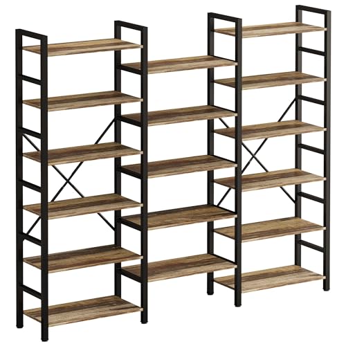 IRONCK Bookshelves 6 Tiers Triple Wide Industrial Bookshelf, Large Etagere Bookshelf Open Display Shelves with Metal Frame for Living Room Bedroom Home Office - color: Industrial Brown, size: 6 Tiers