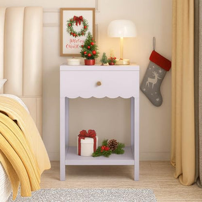 26“ Modern White Nightstand with Drawer and Open Shelf, Scalloped Edge Bedside Table for Bedroom, Cute Minimalist Side Table for Girls' Room (Light Purple)
