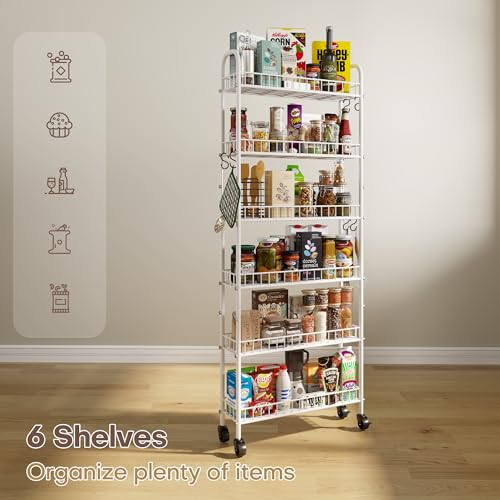 6 Tier Slim Rolling Storage Cart with Wheels, Metal Mobile Shelving Unit Organizer Utility Cart for Office Bathroom Kitchen Laundry Room Narrow Places (White 6 Inches) - size: White 6 Inches