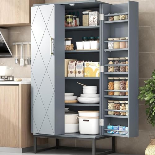 kepptory 51" Pantry Cabinet with Diamond-Patterned Doors and Golden Handles, Freestanding Kitchen Storage Cabinet with 17 Shelves, Tall Metal Base, Adjustable Feet, Grey - color: Grey, size: 16"D x 24"W x 51"H