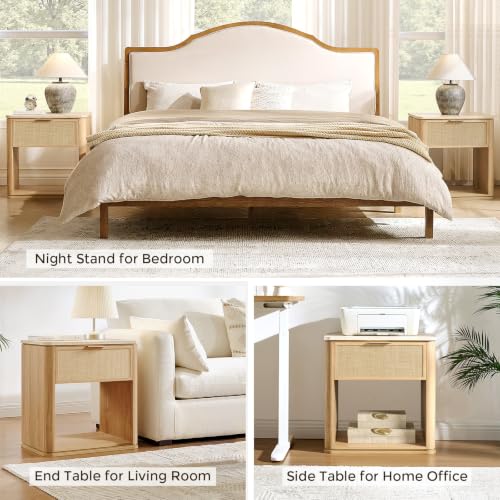 Night Stand, 23.11" W Rattan Nightstand with 1 Drawer and Open Shelf, Faux Marble Top Bedside Table, Boho Mid Century End Table for Bedroom Living Room Sofa Office, Natural Oak [FSC Certified] - color: Natural Oak, size: 15.63"D x 23.11"W x 23.94"H（1 Draw
