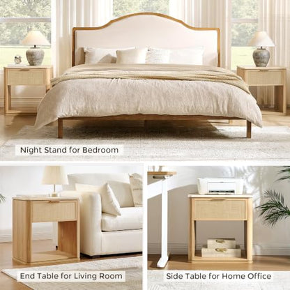 Night Stand, 23.11" W Rattan Nightstand with 1 Drawer and Open Shelf, Faux Marble Top Bedside Table, Boho Mid Century End Table for Bedroom Living Room Sofa Office, Natural Oak [FSC Certified] - color: Natural Oak, size: 15.63"D x 23.11"W x 23.94"H（1 Draw