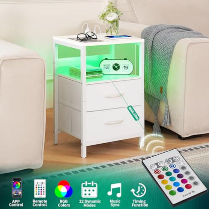 Yoobure Nightstand with Charging Station, LED Night Stand with Fabric Drawers and Storage Shelf for Bedroom, Nightstands Bedside Tables with USB Ports & Outlets, Small Night Stands, Bed Side Table - color: White