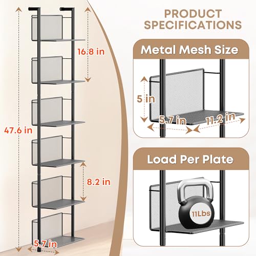 Docnest 6 Tier Ladder Shelf Wall Mounted, 47.6 Inch Metal Bookshelf Organizer, Modern Floating Shelves for Plants Books Home Decor, Black
