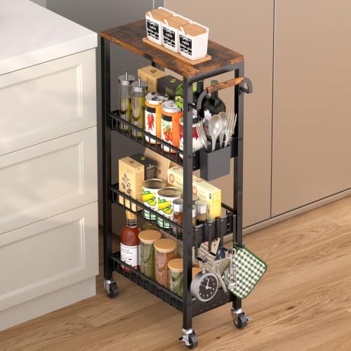 DTUQYX Slim Rolling Storage Cart, 4 Tier Small Organizer Cart with Wheels, Metal Utility Shelf Kitchen Bathroom Laundry Room Organization Trolley with Handle for Narrow Space (9.1" W Wood Basket) - color: Carbon Black, size: 7.88"W Wooden Wire Basket