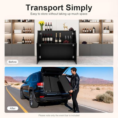 47.75" Foldable Portable Event Bar Cabinet - Mobile Bartending Station with Top & Middle Shelves, Strong Load Capacity, Complete Accessories for Parties, Picnics, Barbecues & Catering (Black)