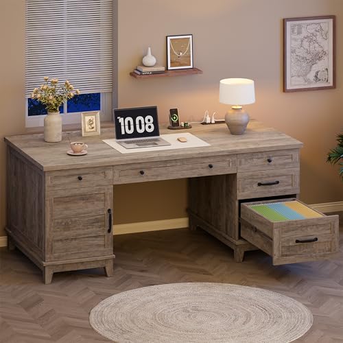 Garvee 60" Wooden Home Office Desk with File Drawers, Executive Desk with Adjustable Cabinet, Farmhouse Wood Desk with Power Outlet, Distressed Study and Work Table, Rustic Grey - color: Rustic Grey, size: 60" W