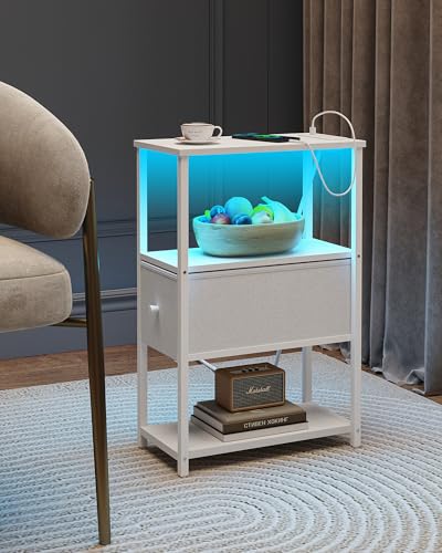 TUTOTAK Small Narrow LED End Table with Charging Station, Side Table Outlets, Nightstand with Cloth Drawer, Set of 2, Couch Table, for Living Room, Bedroom, Bedside, White TB01BW059 - color: White, style: 1 Drawer with Plug & Light