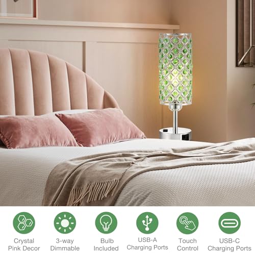 Hong-in Green Crystal Lamp Touch Control Set of 2, Crystal Table Lamps with USB C+A Ports & AC Outlet, 3-Way Dimmable Nightstand Touch Lamp, Modern Bedside Table Lamp for Bedroom(Bulbs Included) - color: Green