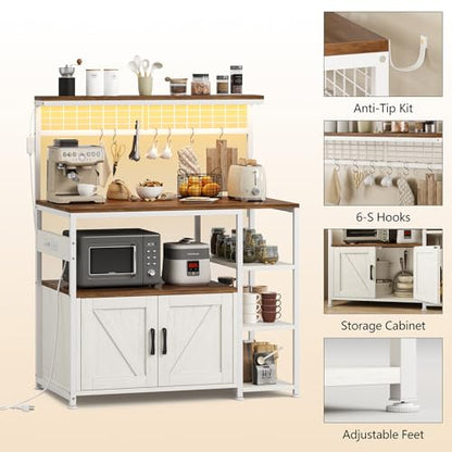 TVU Bakers Rack with Power Outlet and LED Light, Microwave Stand with Storage Cabinet, Coffee Bar Cabinet Station with 6 Hooks for Kitchen, Dining Room, Living Room, Coffee Bar, Walnut, White - color: Walnut + White