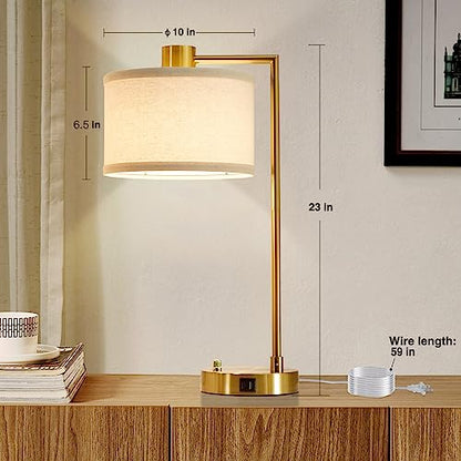 Luvkczc Table Lamp for Bedroom Set of 2 with USB C+A Ports, Fully Stepless Dimmable Bedside Lamp with Linen Lampshade, Nightstand Lamp for Living Room Reading Office, 2 LED Bulbs Included (Gold) - color: Gold