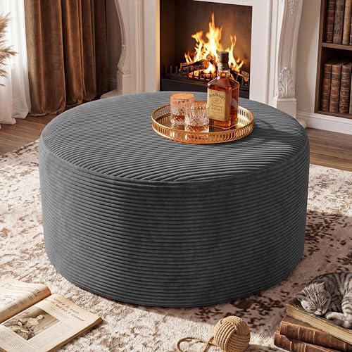 BSHOMGI Round Boneless Ottoman Oversized Ottomans for Living Room, Cloud Rectangle Pouf Coffee Table, Poofy Corduroy Foot Stoolsfor Living Room, Bedroom or Office - color: Drak Gray, size: 32" (1 Table)