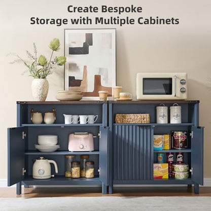 BuildHom 32 Inch Fluted Sideboard Buffet Cabinet with Storage Navy Blue | Coffee Bar Cabinet with Open Shelf and 5-Level Adjustable Shelves, Farmhouse Storage Cabinet for Kitchen and Dining Room - color: Navy Blue