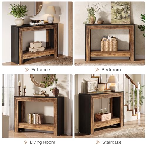 Tribesigns 41.3" Farmhouse Console Table, Behind Couch Sofa Table with Open Storage Shelves for Living Room, Hallway, Foyer, Easy Assembly, Black + Brown