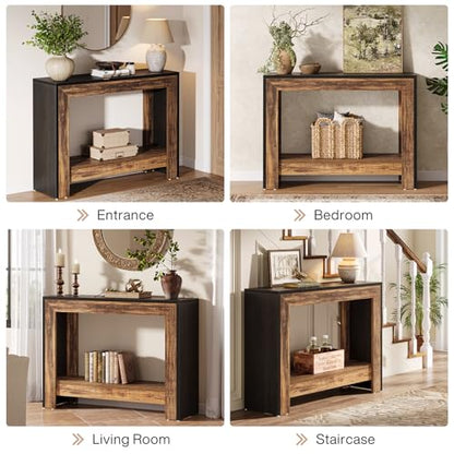 Tribesigns 41.3" Farmhouse Console Table, Behind Couch Sofa Table with Open Storage Shelves for Living Room, Hallway, Foyer, Easy Assembly, Black + Brown