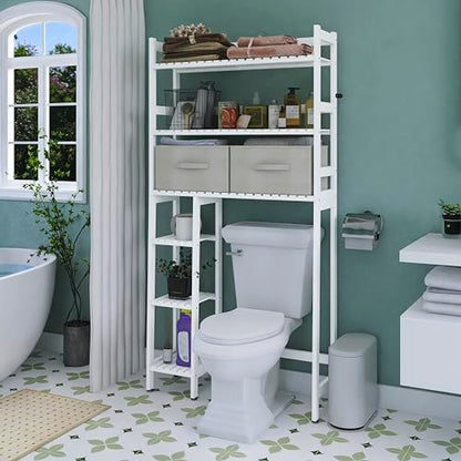 SMIBUY Over The Toilet Storage with Drawers, Large Bathroom Space Saver Organizer Rack, Freestanding Behind Toilet Stand with 6-Tier Shelf and Waterproof Feet Pad for Restroom, Laundry (White) - color: White