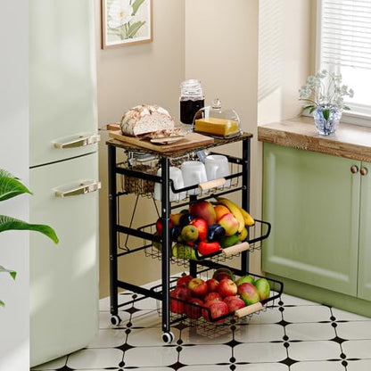 JAQ Fruit Vegetables Carts, 4-Tier Slide Out Metal Storage Baskets Stand Organizers with Wood Top and Handle on Rolling Wheels for Onions in Kitchen Pantry Fruteros para Cocina -(Black, 4 Layer) - color: 4-tier/Black