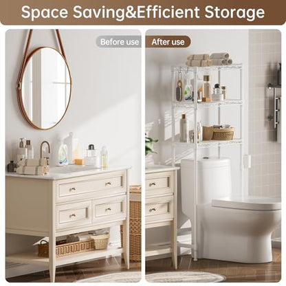 Golpart Over The Toilet Shelf,3-Tier Adjustable Freestanding Metal Bathroom Organizer Shelves with Toilet Paper Holder & Hooks,Space-Saving for Narrow Small Bathroom,10”D x 24”W x 66”H,White - size: White-3-Tier-10"D x 24"W x 66"H