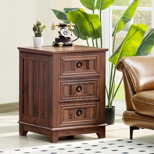 Joaxswe 18" Farmhouse Night Stand with 3 Drawers, Wood End Table Dresser for Bedroom, Retro Nightstand, Bed Side Table with Metal Handle, Bedside Cabinet for Bedroom Living Room, Closet - color: Brown Set 1, size: 3 Drawers