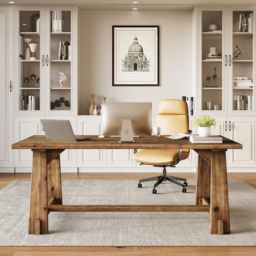 LITTLE TREE 63" Solid Wood Office Desk, Farmhouse Executive Computer Desk, Large Work Writing Table, Rustic Brown Home Office Workstaticon, Business Furniture