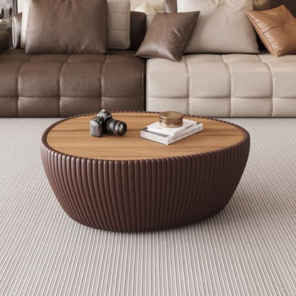 32.1" Oval Coffee Table with Marble Top Irregular Stone Coffee Table Fluted PU Leather Center Tables for Living Room Apartment No Assembly Brown - color: Marble-oval-32.1inch-brown-coffee