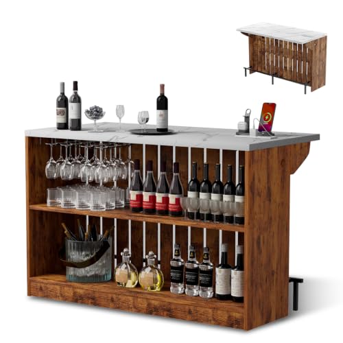 Home Bar Unit with LED Lights and Charging Station, Imitation Marble Mini Coffee Bar Pub Table with 2-Tier Storage, Footrest, Drop Leaf Kitchen Islands for Dining Room, Bistro, Living Room