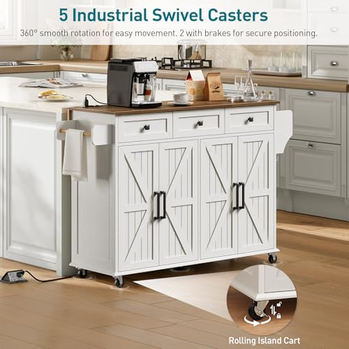 RALGEND Kitchen Island with Drop Leaf & Power Outlet, Rolling Kitchen Island Cart On Wheels, Barn Door Kitchen Island Table with Storage and Tower Rack, Island Table for Kitchen, White and Walnut - color: White + Walnut