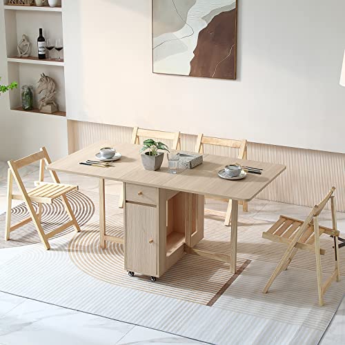 Drop Leaf Folding Dining Table with Storage, Wheels, Space Saving | Foldable Design, 18mm Thick Plywood, 300 lbs Capacity, Locking Wheels, Farmhouse Style, for Living Room Kitchen Small Spaces - color: Wood