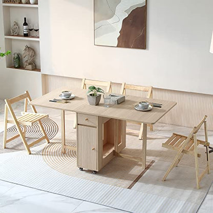 Drop Leaf Folding Dining Table with Storage, Wheels, Space Saving | Foldable Design, 18mm Thick Plywood, 300 lbs Capacity, Locking Wheels, Farmhouse Style, for Living Room Kitchen Small Spaces - color: Wood