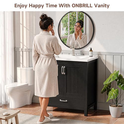 ONBRILL 30'' Bathroom Vanity with Single Sink Combo, Freestanding Bathroom Vanities with Resin Sink & Door Shelf, Farmhouse Storage Cabinet with 2 Soft Closing Door & Drawer (Black) - color: Black