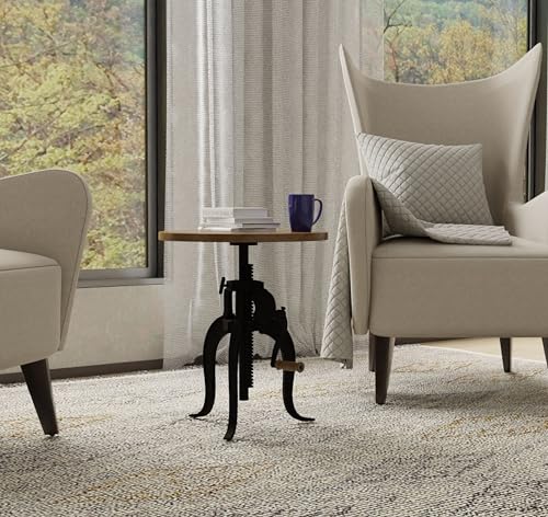 Carolina Chair & Table Adjustable Hand Crank 18" Wooden Top Rustic Side Table - Cast Iron Base Round Accent Table for Farmhouse, Living Room, or Bedroom (Harvest Oak/Industrial) - color: Harvest Oak/Industrial