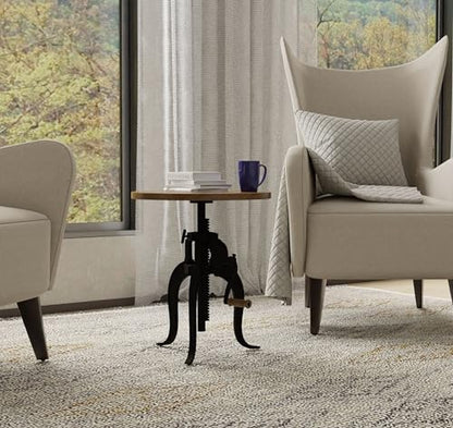 Carolina Chair & Table Adjustable Hand Crank 18" Wooden Top Rustic Side Table - Cast Iron Base Round Accent Table for Farmhouse, Living Room, or Bedroom (Harvest Oak/Industrial) - color: Harvest Oak/Industrial