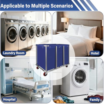 Commercial Laundry Cart with Wheels, 400L Capacity Heavy Duty Large Laundry Basket with Watertight Oxford Bag and Sturdy Steel Frame for Home, Hotel,Hospital,440 lbs(Blue) - color: Blue