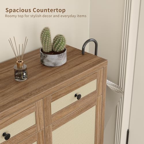 Yanosaku 46" Rattan Shoe Cabinet with 4 Adjustable Shelves & 2 Storage Drawers, Modern Boho Shoe Organizer with Large Tabletop & Open Lower Shelf, Entryway Hallway Cabinet for Shoes and Boots, Walnut