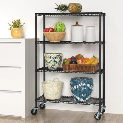 Folews 4-Tier Storage Shelving Unit with Wheels, Metal Rolling Storage Shelves NSF Adjustable Layer Steel Rack Shelf, Wire Shelving Storage for Kitchen Garage Pantry Office, Black (14D x 36W x 57H) - size: 4-Tier