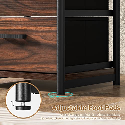 Tangkula Nightstand, Sofa Side End Table with Open Shelf & 2 Drawers, Metal Frame Bedside Table, Wooden Top 2 Drawer Dresser, Storage Unit for Bedroom, 13.5 x 12 x 23 Inch (2, Walnut)