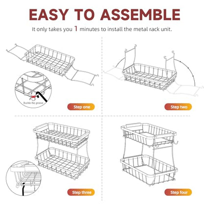 Sevenblue 2-Tier Fruit Basket with Banana Hangers, Detachable Metal Bowl | Wooden handle, protective mats included. Versatile holder for bread, snacks, and veggies. Extra Large 2 tier metal design. - color: Black, size: 2 Tier Extra Large