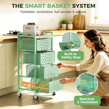 5 Tier Kitchen Storage Cart with Wheels, Utility Fruit Vegetable Storage Rack Stand with Pull-Out Baskets & Wood Top, Metal 4-Drawers Rolling Snack Cart, Kitchen Cart for Potato Onion(Green) - color: Green