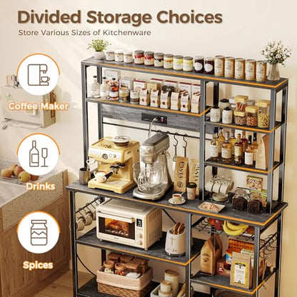 SUPERJARE Larger Bakers Rack with Power Outlets, 6-Tier Microwave Stand, Coffee Bar with 12 S-Shaped Hooks, Kitchen Shelf with Wire Basket, 47.2 x 15.5X 66.9 Inches, Grey - color: Charcoal Gray, size: 47.2inch