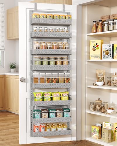 SNTD 8 Tiers Over the Door Organizer - Height Adjustable Pantry Organizers and Storage with Dense Mesh Baskets, Anti-Swing Hanging Door Spice Rack for Kitchen Bathroom (Grey, 17" W x 6" D x 69" H) - color: Grey, size: 17" W x 6" D x 69" H