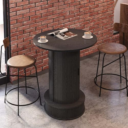 Round Bar Table with 2-Tier Hidden Storage, 38.1" H Wood High Top Table, Bistro Pub Table with Footrest, Cocktail Tables for Coffee Bar, Kitchen Dining Room, Small Space (Black) - color: Black