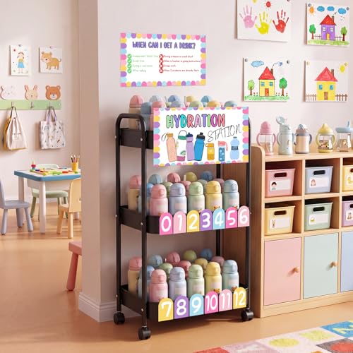 Sieral Hydration Station Classroom Storage Trolley 3-tier Plastic Rolling Water Bottles Storage Car with Handle Hydration Station Sign Sticker Set for Classroom Water Bottle Organizer Supplies (Black) - color: Black