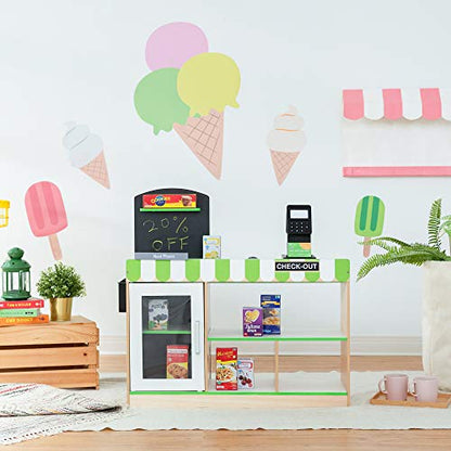 Teamson Kids Cashier Austin Interactive Wooden Play Market Stand with Lights and Sounds, Manual Conveyor Belt, Register and Display Spaces, Green and White Décor on Natural Wood | Manual Conveyor Belt, Scanner, Display Shelves, Green and Natural, Educatio