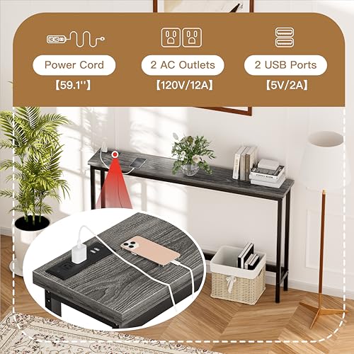 FAMIDGE Charging Console Table with Outlet 36 Inch Tall Narrow Sofa Table One-Piece Top Behind Couch Table 2 USB 2 AC for Entryway Hallway, Living Room, Gray - color: Grey