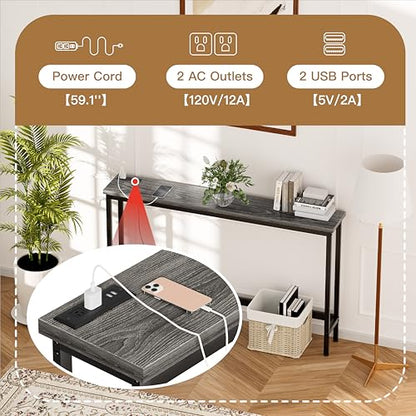 FAMIDGE Charging Console Table with Outlet 36 Inch Tall Narrow Sofa Table One-Piece Top Behind Couch Table 2 USB 2 AC for Entryway Hallway, Living Room, Gray - color: Grey