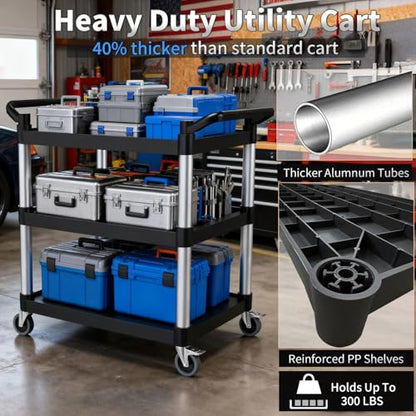 Plastic Utility Carts with Wheels, 3-Tier Rolling Cart, Restaurant Cart | 300 lbs Heavy Duty Capacity with 4 inch Silent Casters(2 Lockable), for Home, Office, Restaurant, Warehouse.31.5"× 16" × 38" - size: 31.5"×16"×38" S