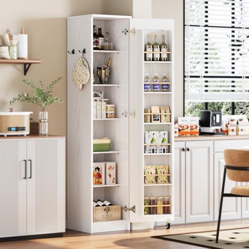 IRONCK Narrow Kitchen Pantry Storage Cabinet, 72" Slim Single Door with 6 Adjustable Shelves, Door Rack and Wheels, Space Saving Freestanding Storage Floor Cabinet for Small Place, White - color: White